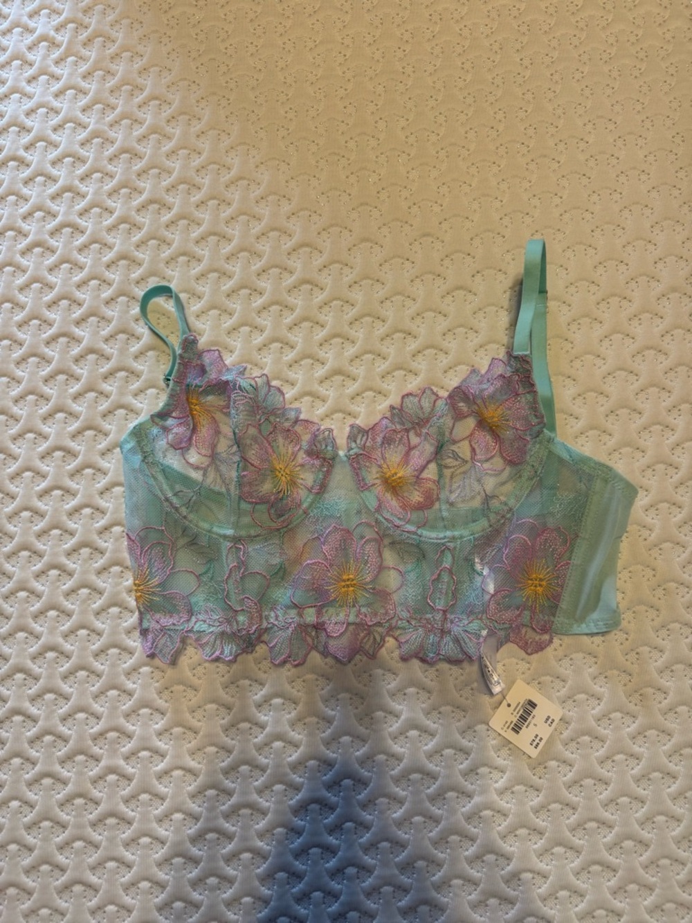 Anthropologie Aqua Floral Embroidered Lace Bralette